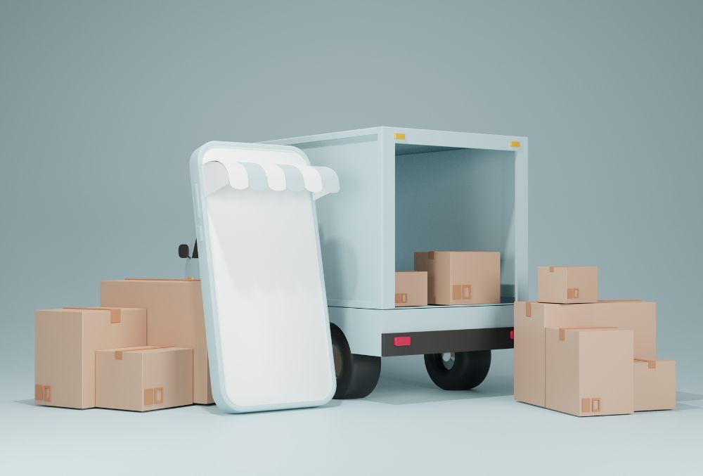 An image summarizing inventory management; online store, inventory boxes, and inventory truck.