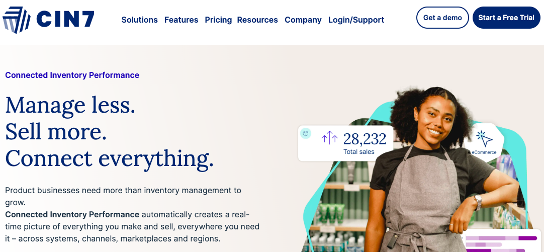 Cin7 inventory tool's website page.